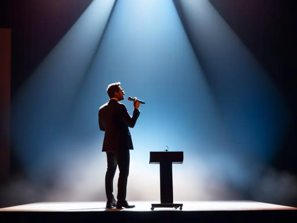 Silueta de Ted Joans recitando poesía surrealista en un escenario, con notas musicales abstractas y elementos oníricos