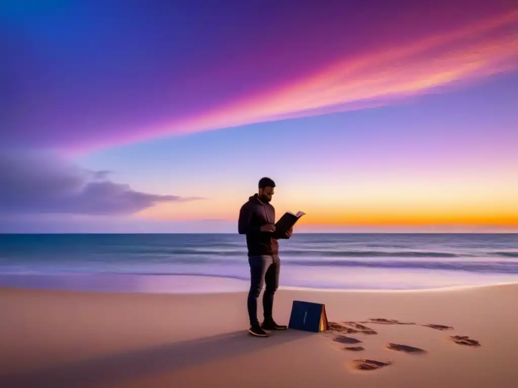 Silueta leyendo poesía lírica transformadora palabras en la playa al atardecer