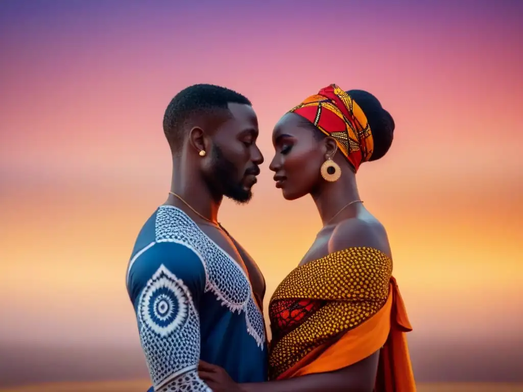 Dos siluetas entrelazadas en un atardecer africano vibrante, representación del amor en poesía africana