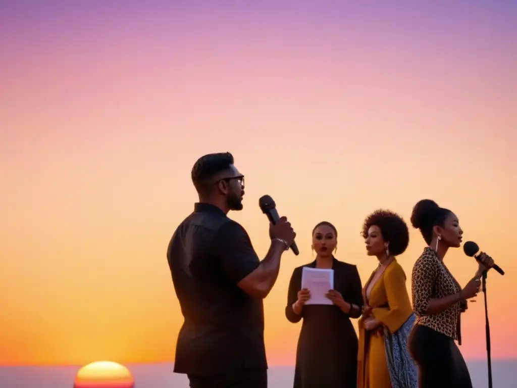 Siluetas recitando poesía actual, unidas en diversidad de voces bajo un vibrante atardecer