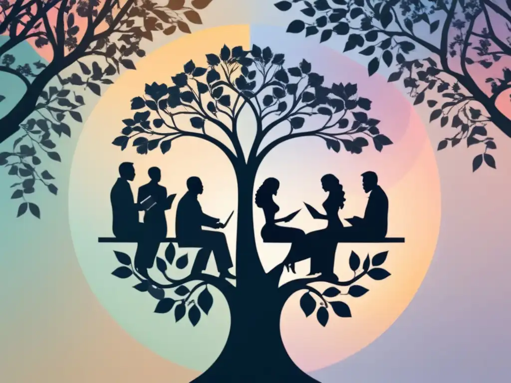 Siluetas de poetas de diversas culturas bajo un árbol floreciente, simbolizando la unidad y diversidad en la poesía