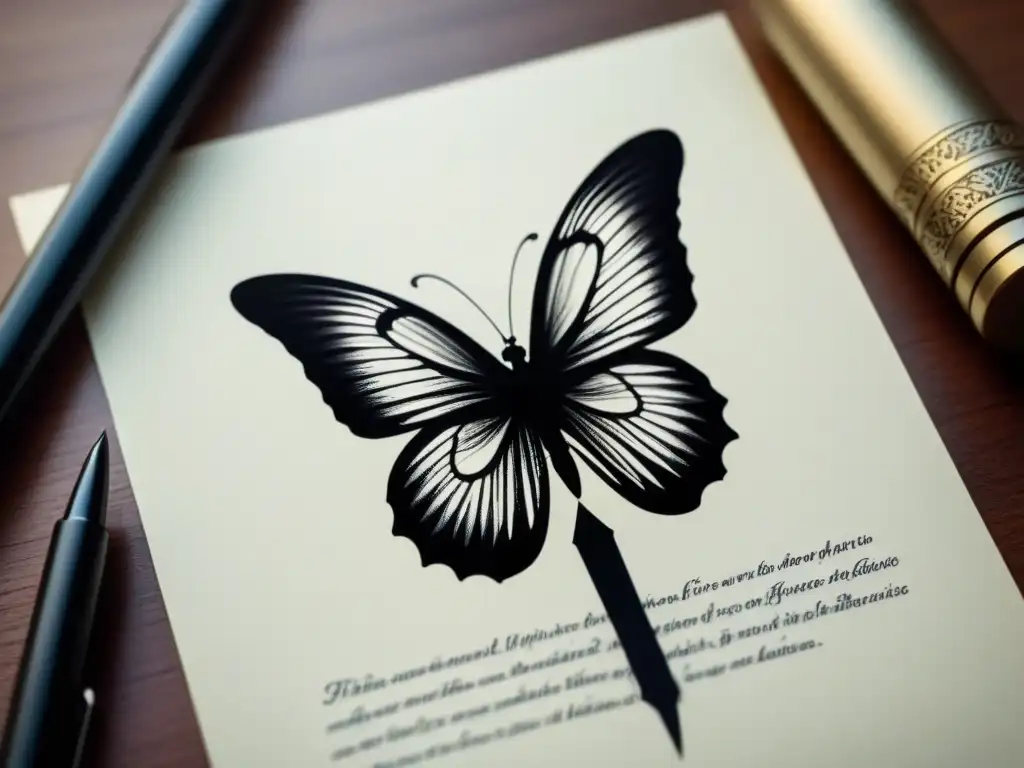 Simbolismo en la poesía lírica: Pluma creando mariposas etéreas en tinta negra, evocando la transición de lo visible a lo invisible en la obra de Octavio Paz