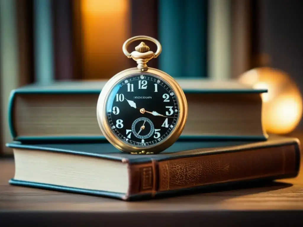 Simbolismo del tiempo en poesía: un reloj de bolsillo vintage sobre libros desgastados, iluminado por una suave luz