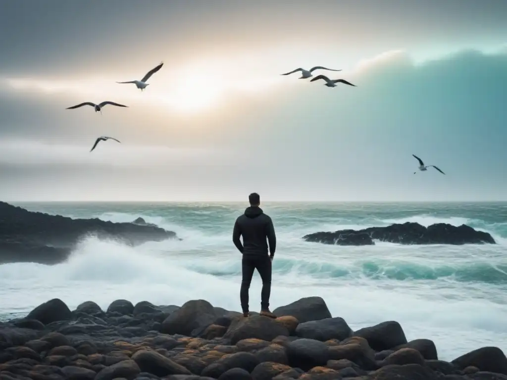 Tristan Corbière, poesía simbolista: Silueta en blanco y negro en la costa rocosa, mirando al horizonte con gaviotas y olas