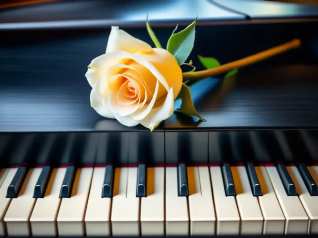 Sinergia entre poesía y música: un piano negro con una rosa blanca sobre las teclas, iluminado con delicadeza