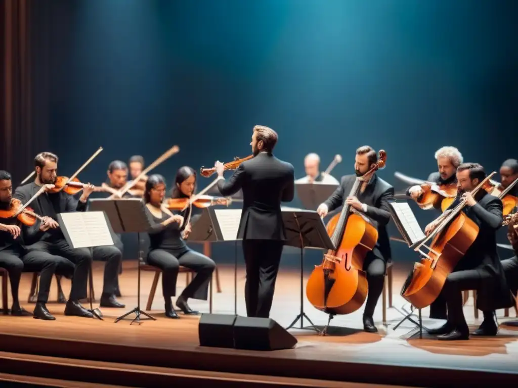 Una sinfonía perfecta: músicos concentrados en sus instrumentos en un escenario iluminado suavemente