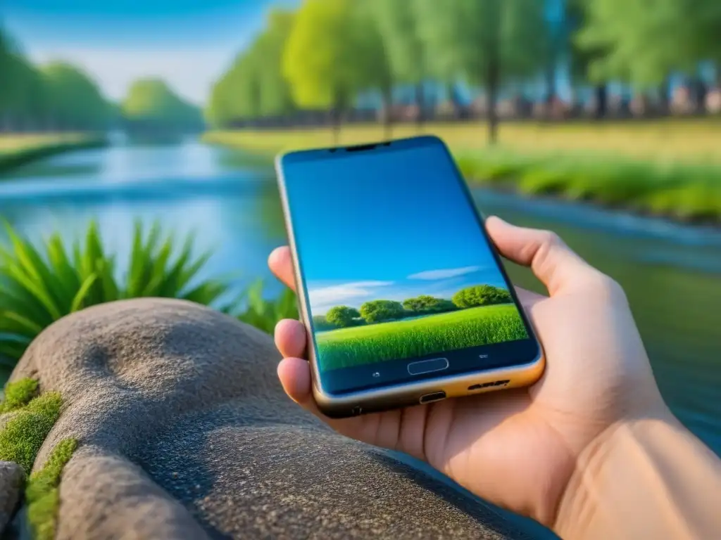 Un smartphone elegante con un lápiz descansando sobre él, en un parque tranquilo con un arroyo y un árbol solitario bajo un cielo azul claro