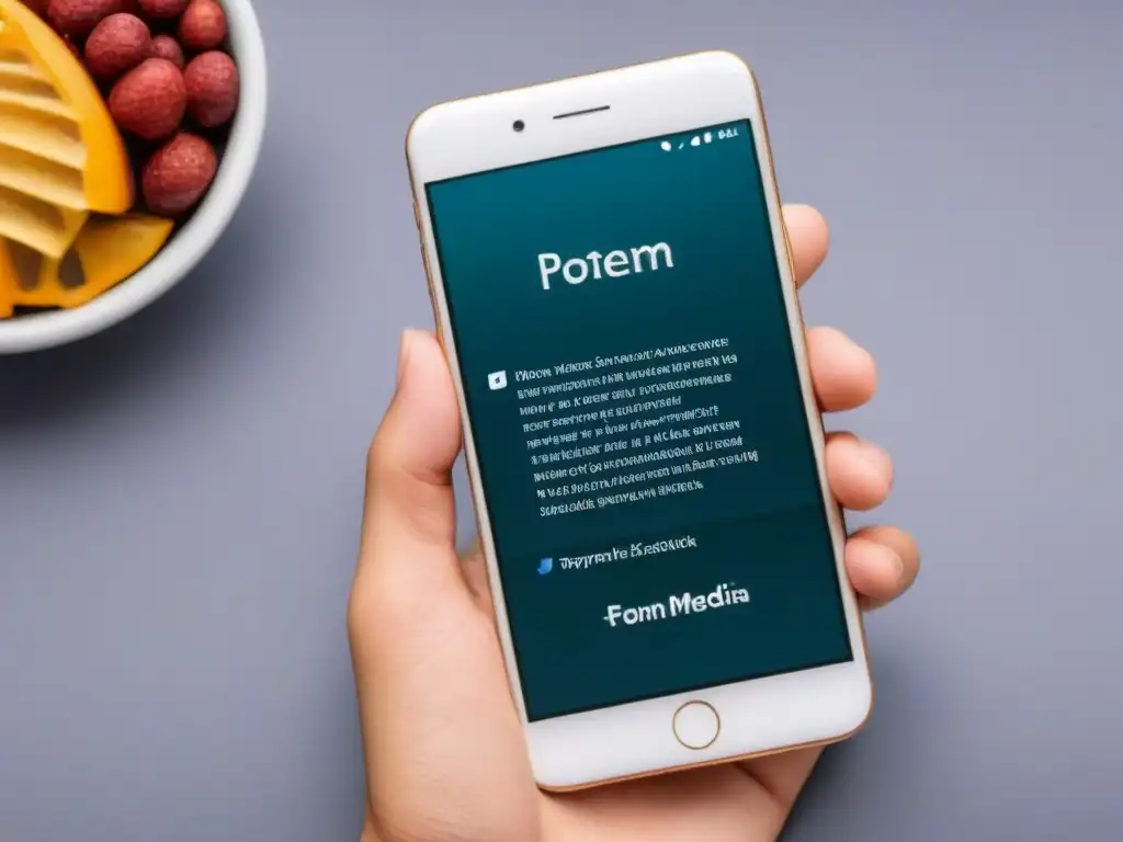 Un smartphone elegante muestra un poema en español sobre redes sociales y marketing