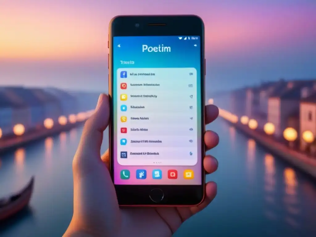 Un smartphone muestra poesía moderna rodeado de iconos de redes sociales, reflejando la transformación en la publicación de poesía