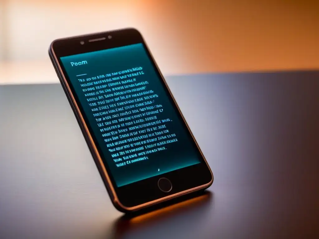 Un smartphone moderno muestra poesía en pantalla, iluminado con suave luz natural