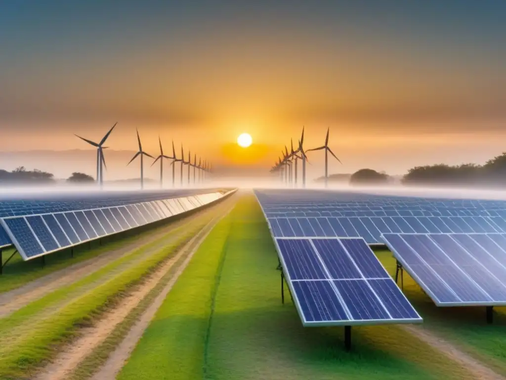Un sol con patrones geométricos, turbinas eólicas y paneles solares