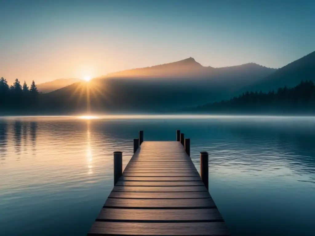 Un sol radiante se eleva sobre un lago sereno, creando una atmósfera de paz y transformación