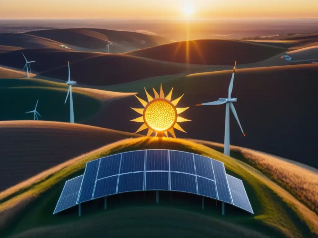 Un sol radiante de paneles solares sobre un paisaje sereno con molinos de viento, simbolizando la armonía entre fuentes de energía renovable y poesía