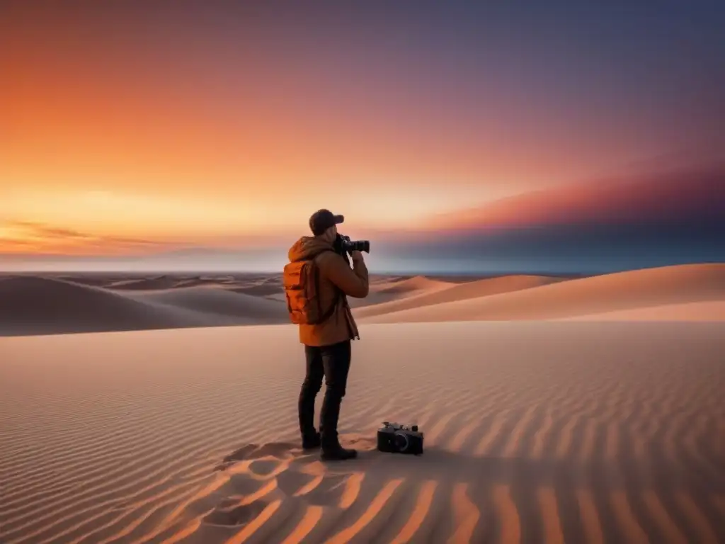 Explorando la soledad del desierto al capturar la esencia poesía en imágenes con una cámara vintage al atardecer