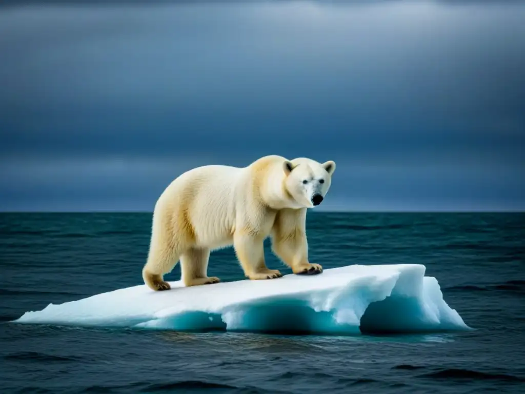 La soledad del oso polar en un iceberg derritiéndose, rodeado de aguas vastas bajo un cielo gris y ominoso