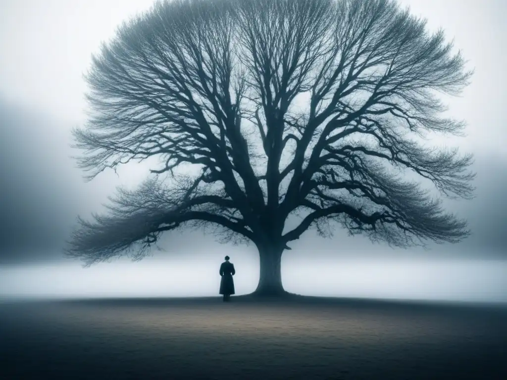 Melancolía neoclásica en poesía: Figura solitaria bajo un árbol sin hojas, mirando al horizonte con melancolía