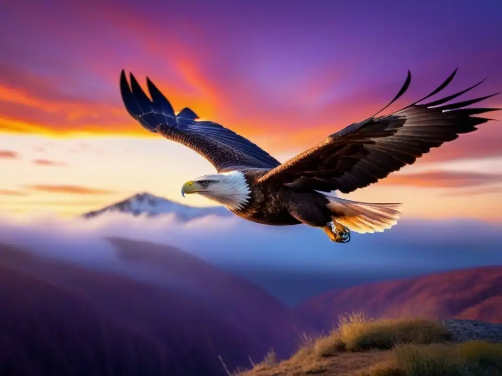 Águila solitaria surcando el cielo al atardecer en una imagen 8k detallada, traducción poesía nativa americana