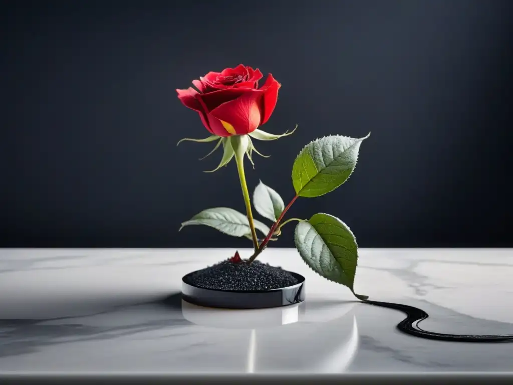 Una solitaria rosa negra en un pedestal de mármol blanco, en un fondo negro