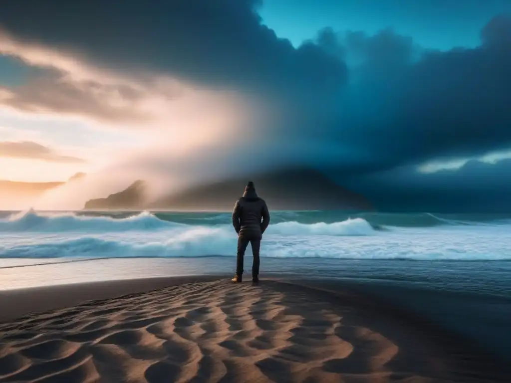 Reflexión solitaria en la playa, admirando el mar agitado bajo un cielo sombrío
