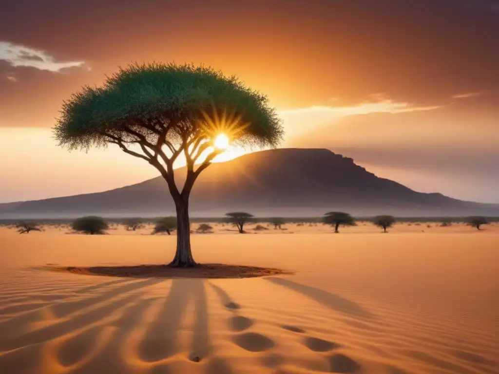 Un solitario árbol de acacia destaca en el desierto africano al atardecer, simbolizando resiliencia en poesía africana