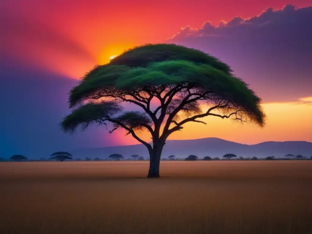 Puesta de sol africana: Acacia solitaria en la sabana Un solitario árbol de acacia recortado contra un vibrante atardecer africano con tonos rojos, naranjas y morados, iluminando la sabana