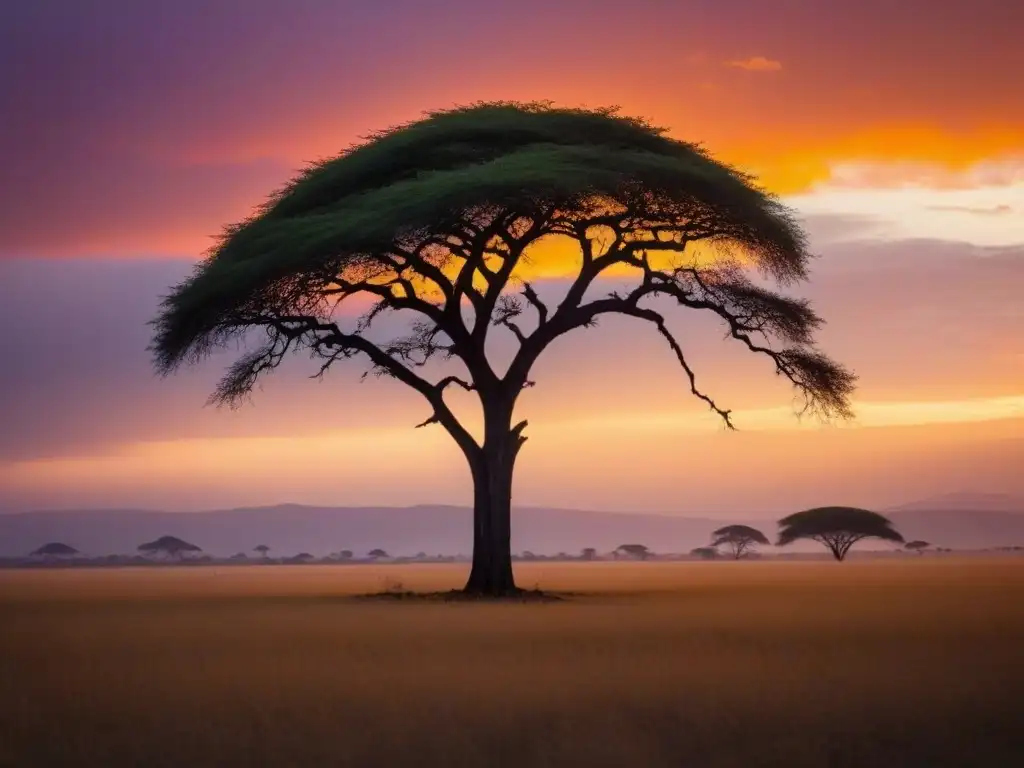 Un solitario árbol de acacia en la sabana africana al atardecer, creando una impactante silueta