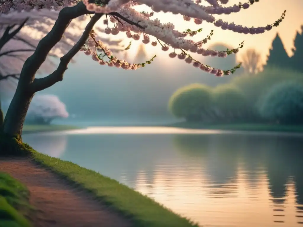 Un solitario árbol de cerezo en flor junto a un estanque al atardecer