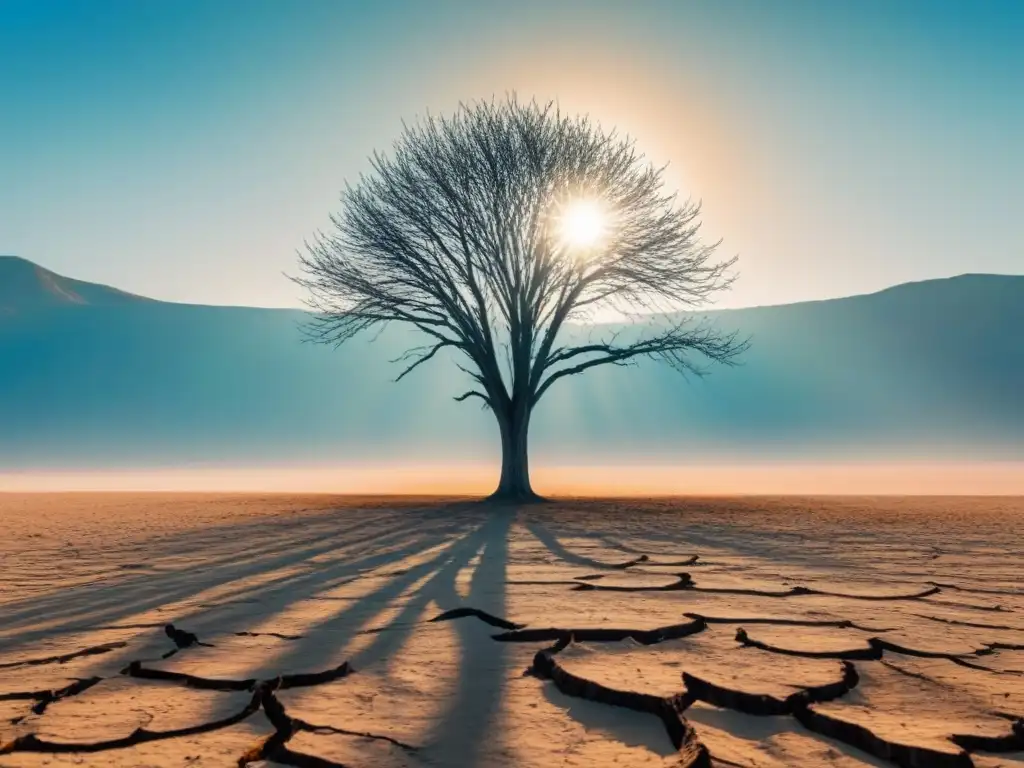 Árbol solitario en desierto: impacto del cambio climático Solitario árbol con hojas marchitas en un desierto árido bajo un sol abrasador, reflejando la poesía como testimonio cambio climático