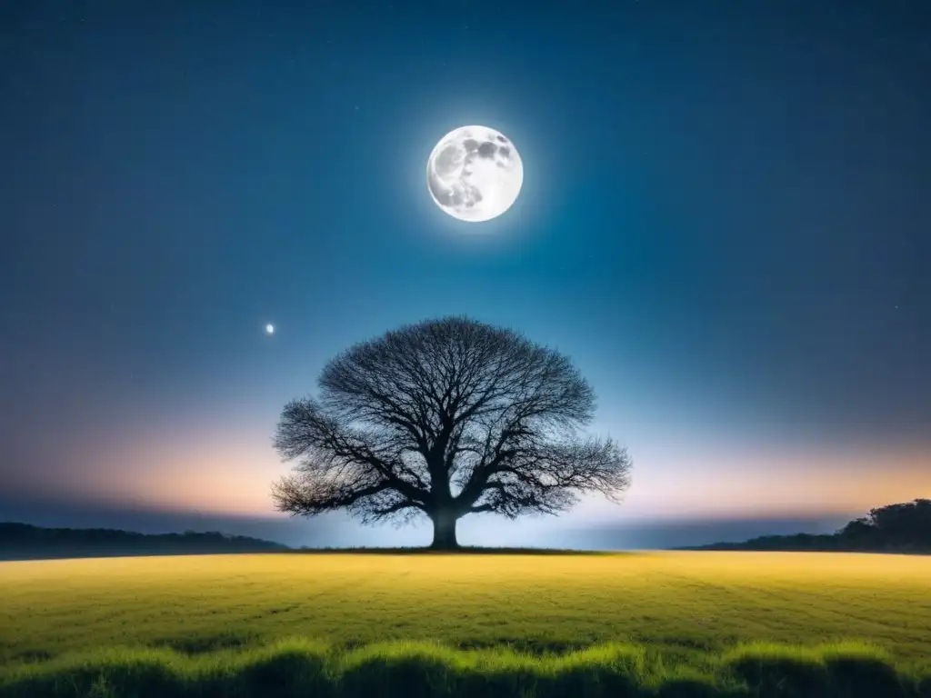 Solitario árbol bajo la luna en prado sereno, conectando alma, mundo natural y poesía