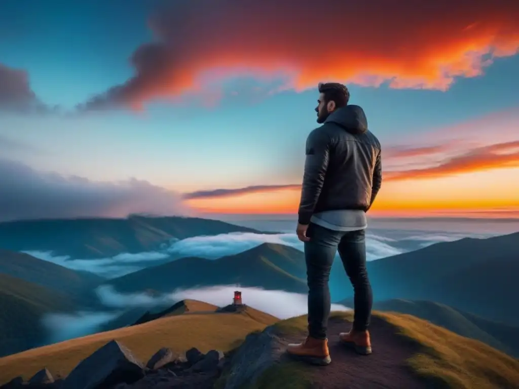 Un solitario contempla el atardecer en la cima de la montaña, inspirando poesía lírica transformadora palabras belleza