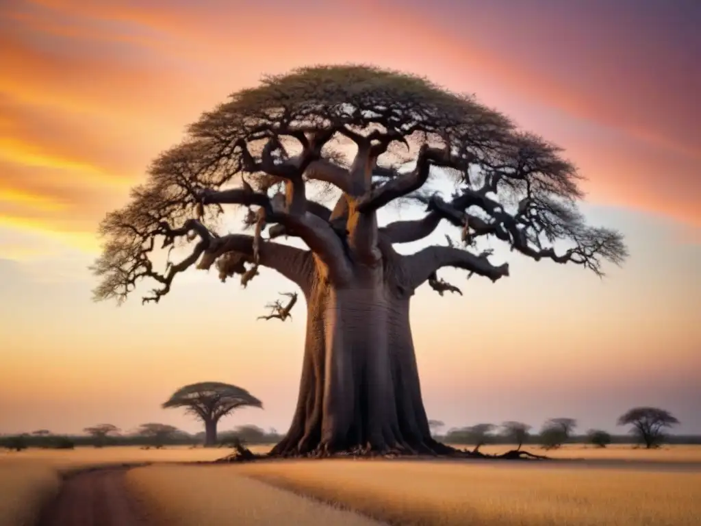 Baobab solitario en un atardecer vibrante africano, con raíces profundas en la tierra, aves coloridas y poesía africana actual espiritualidad religión