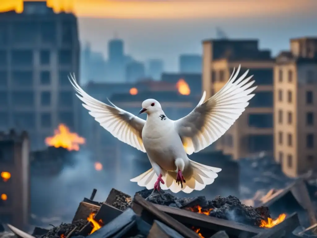 Un solitario pájaro blanco surca elegante sobre una ciudad devastada, simbolizando la esperanza y la poesía en zonas de conflicto