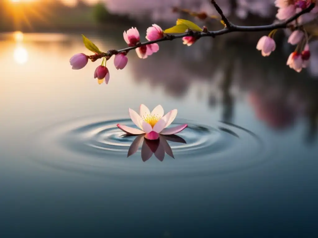 Un solitario cerezo en flor flota sobre un estanque tranquilo al atardecer, reflejando la belleza de la naturaleza en haikus poesía lírica belleza