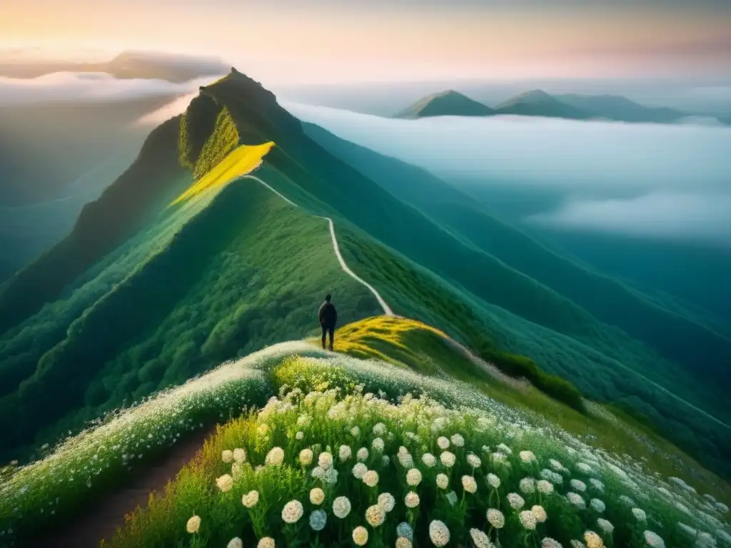 Un solitario en la cima de una montaña contempla un paisaje lleno de flores, simbolizando la poesía política que transforma perspectivas