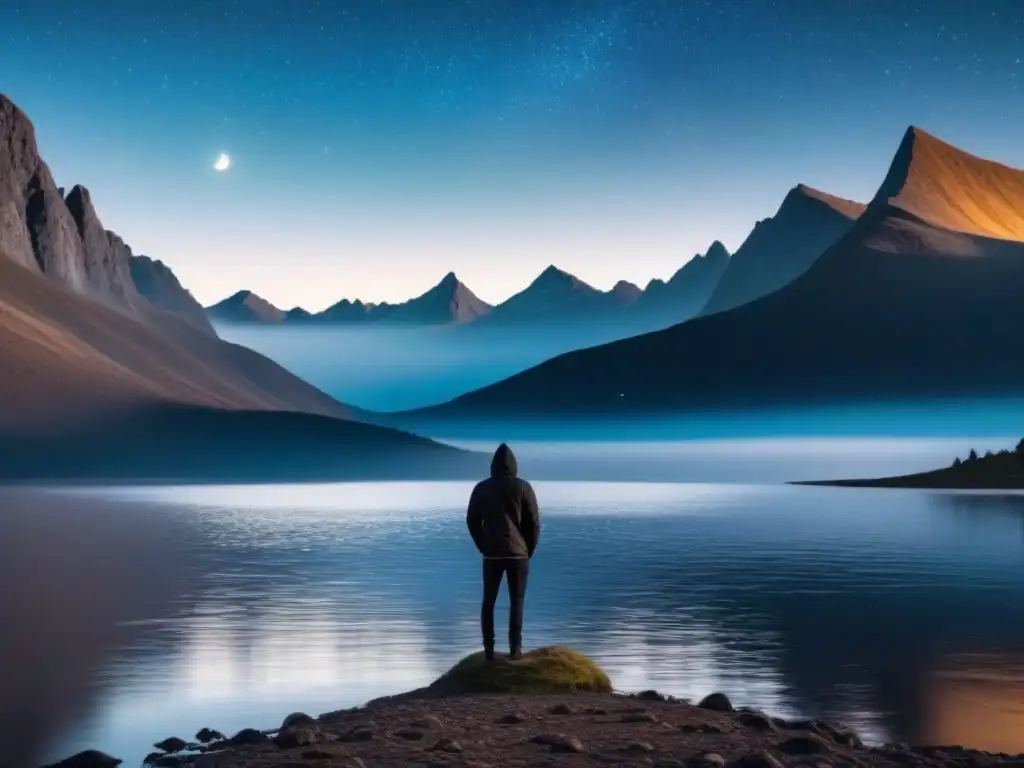 Un solitario figura contempla un lago brillante bajo la luna, evocando Renacimiento poesía épica narrativas modernas