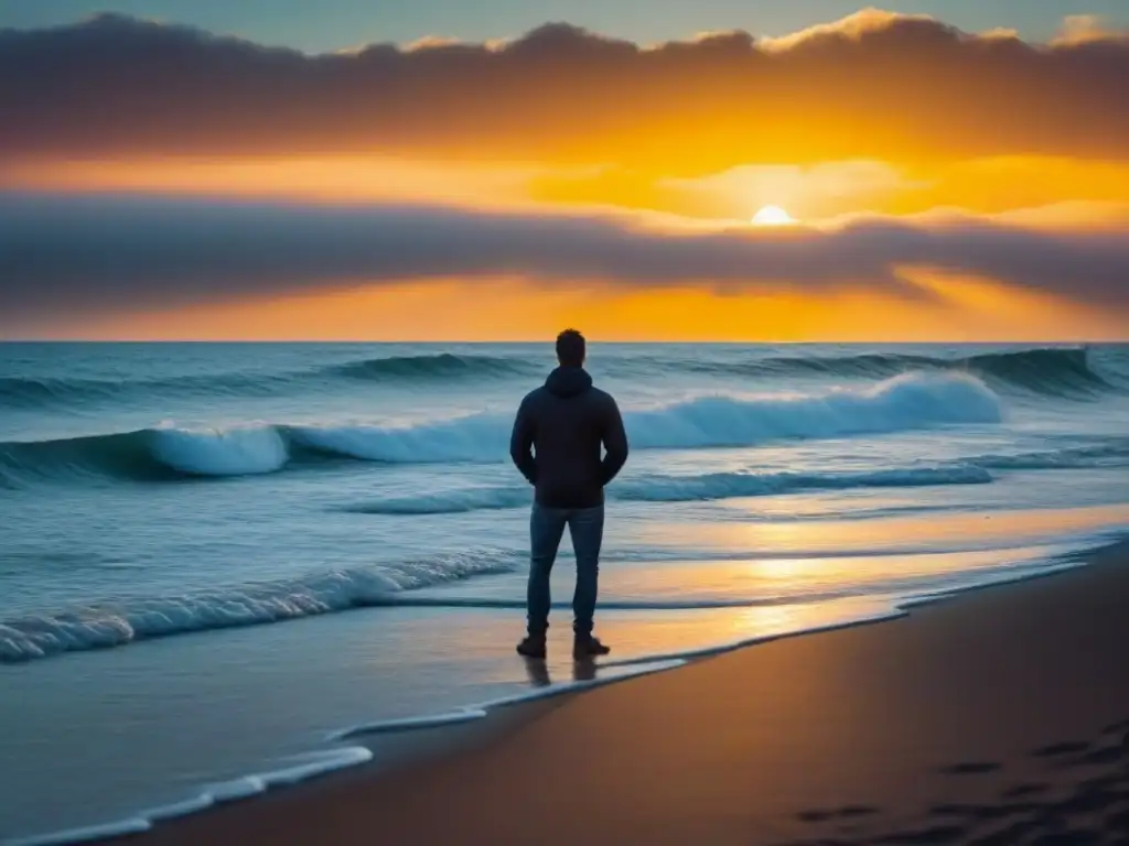 Un solitario contempla el horizonte en un atardecer dorado, con olas suaves