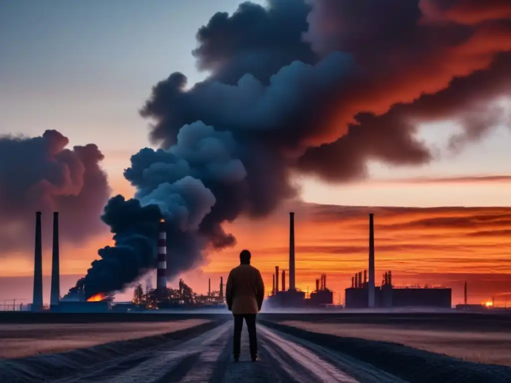 Un solitario contempla la impactante realidad industrial, obra poética al estilo de Blake, bajo un atardecer ardiente