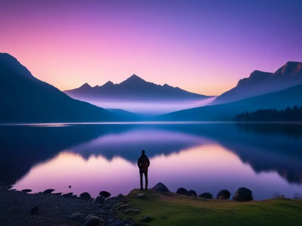 Un solitario contempla un lago sereno rodeado de montañas, bajo un cielo rosado al atardecer