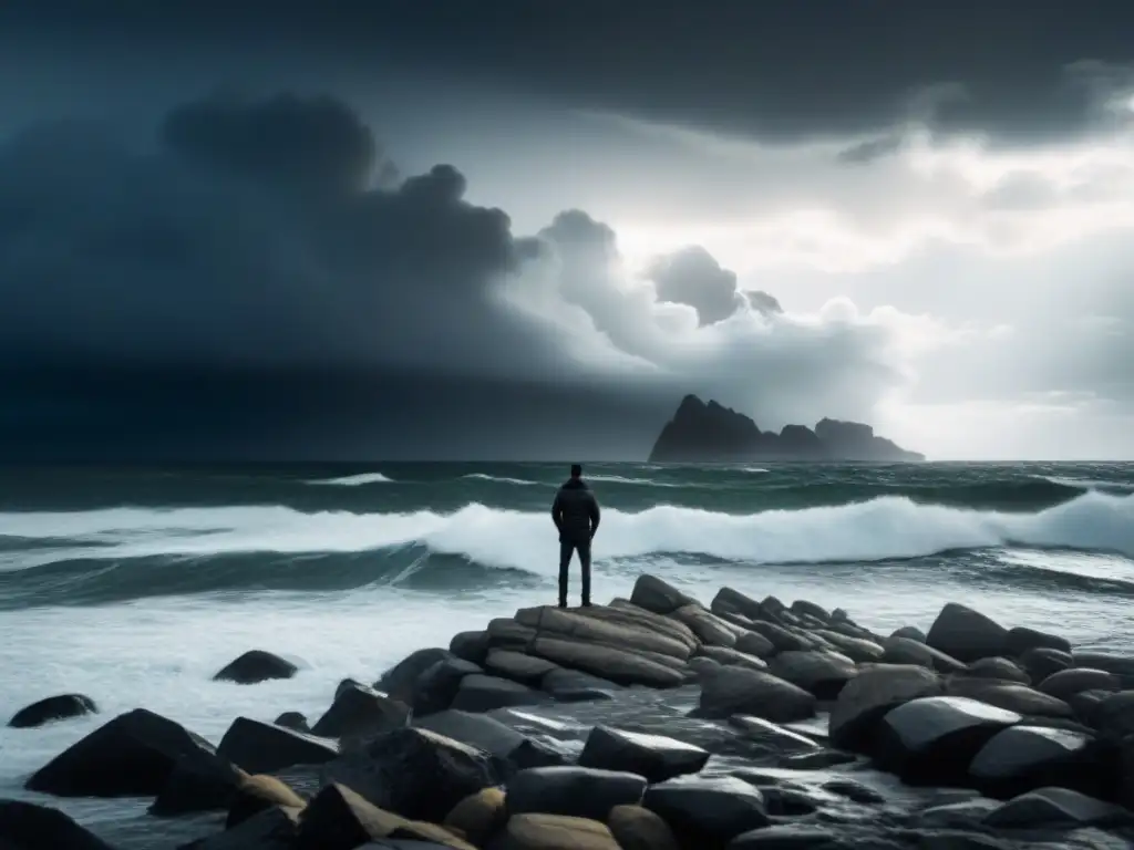 Un solitario contempla el mar en una tormenta, iluminado por la redención en La Tempestad Shakespeare