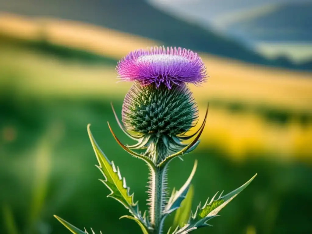 Un cardo solitario, emblema nacional de Escocia, en un paisaje sereno al atardecer