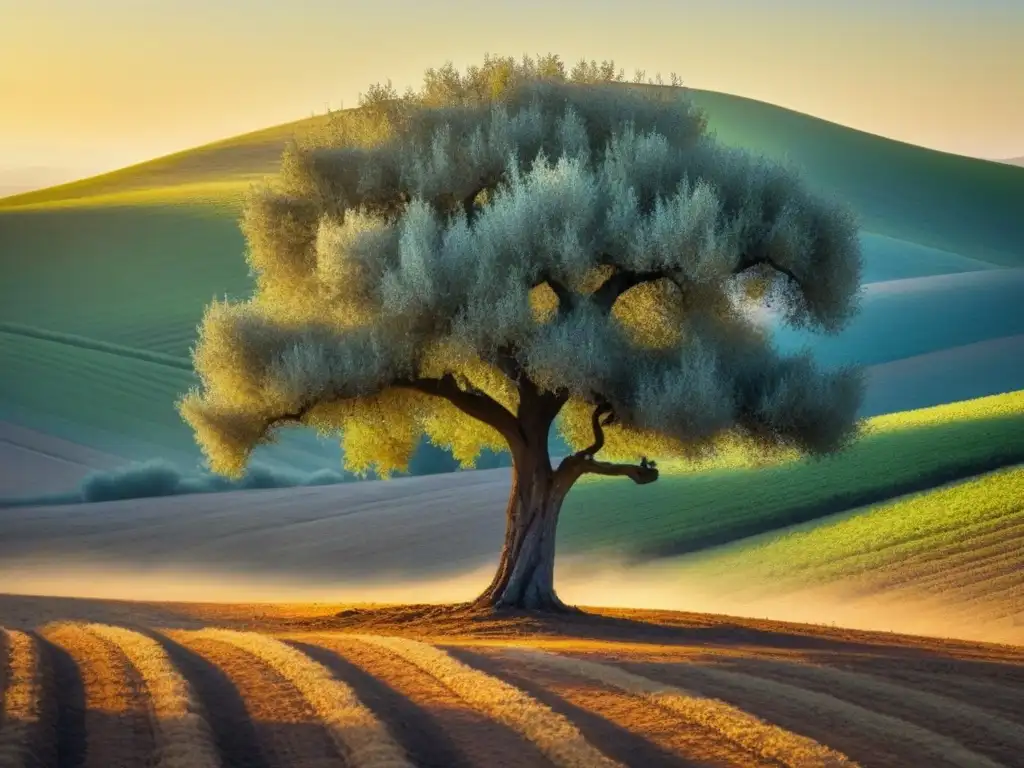 Un solitario olivo en un campo andaluz dorado bajo el cielo azul