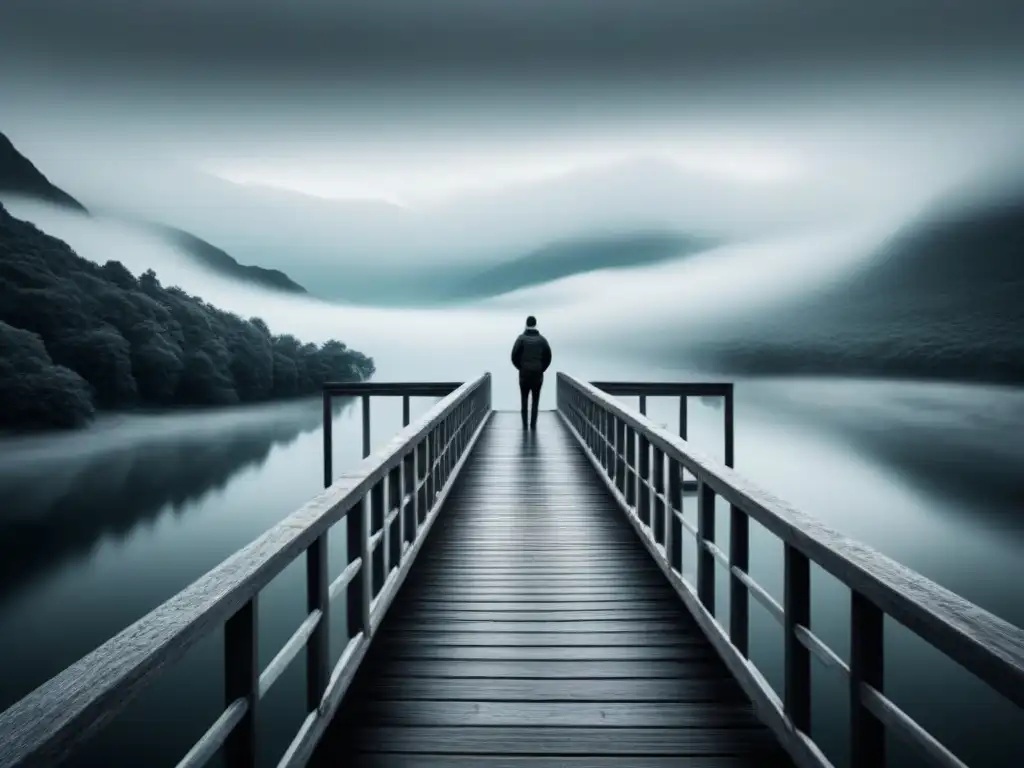 Un solitario contempla un paisaje etéreo desde un puente, reflejando el poder transformador de la poesía