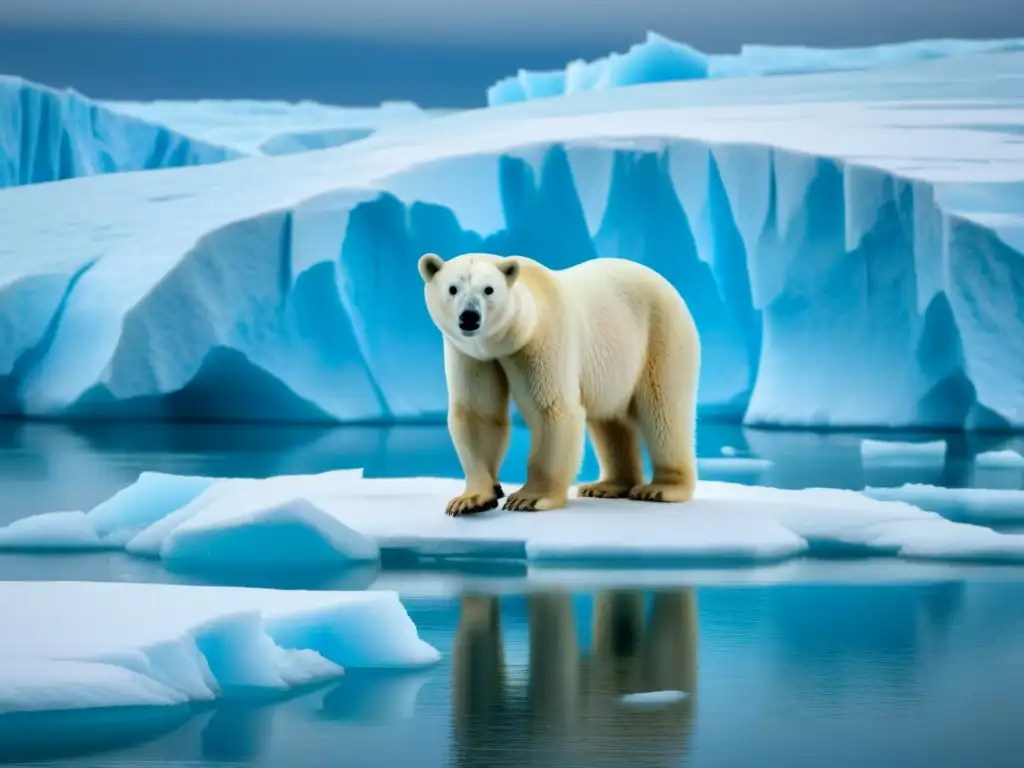 Solitario oso polar en un témpano de hielo, reflejando la vulnerabilidad del cambio climático