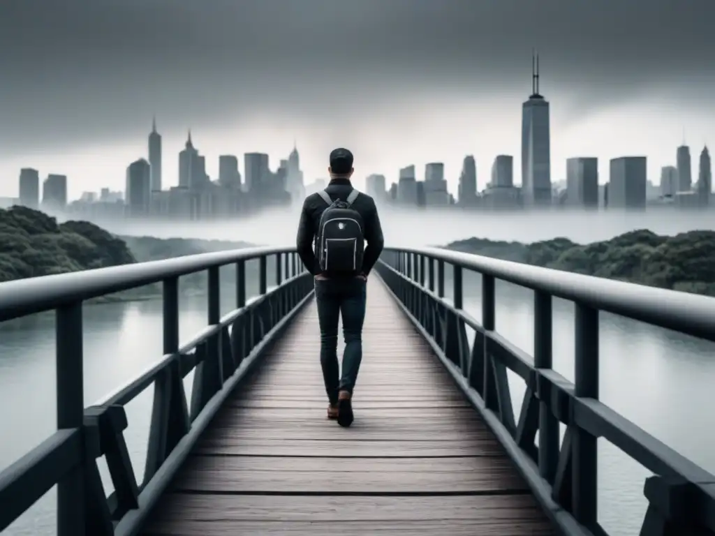 Poesía que conecta: figura solitaria en puente con libros y pluma Un solitario en un puente con libros y pluma, contempla redes de puentes