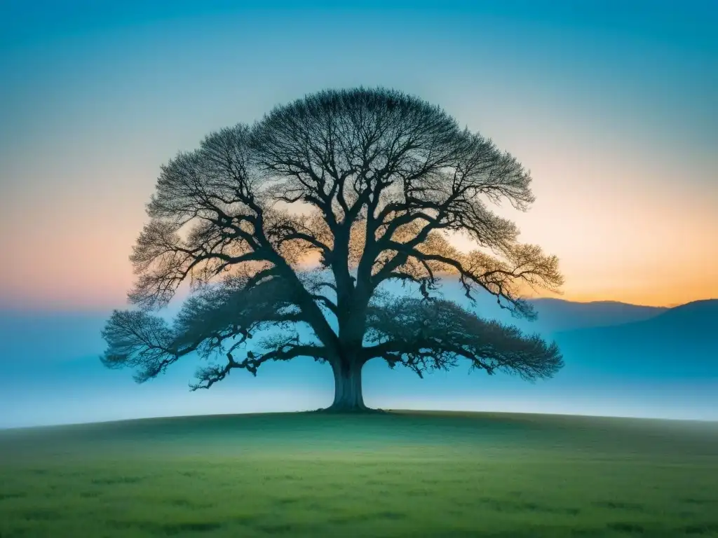 Un solitario roble se alza en un campo abierto bajo un cielo azul, inspirando la poesía neoclásica Cadalso naturaleza musa