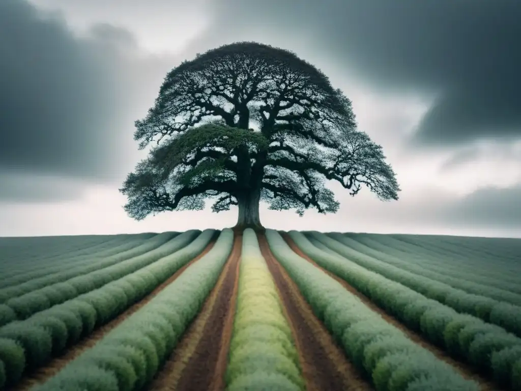 Un solitario roble se alza en un campo vacío bajo un cielo nublado, capturando la esencia sombría y contemplativa de la poesía de Hardy