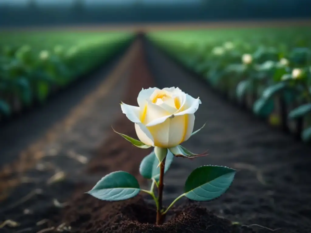 Un solitario rosal blanco crece entre espinas oscuras, simbolizando la poesía lírica transformadora de injusticia