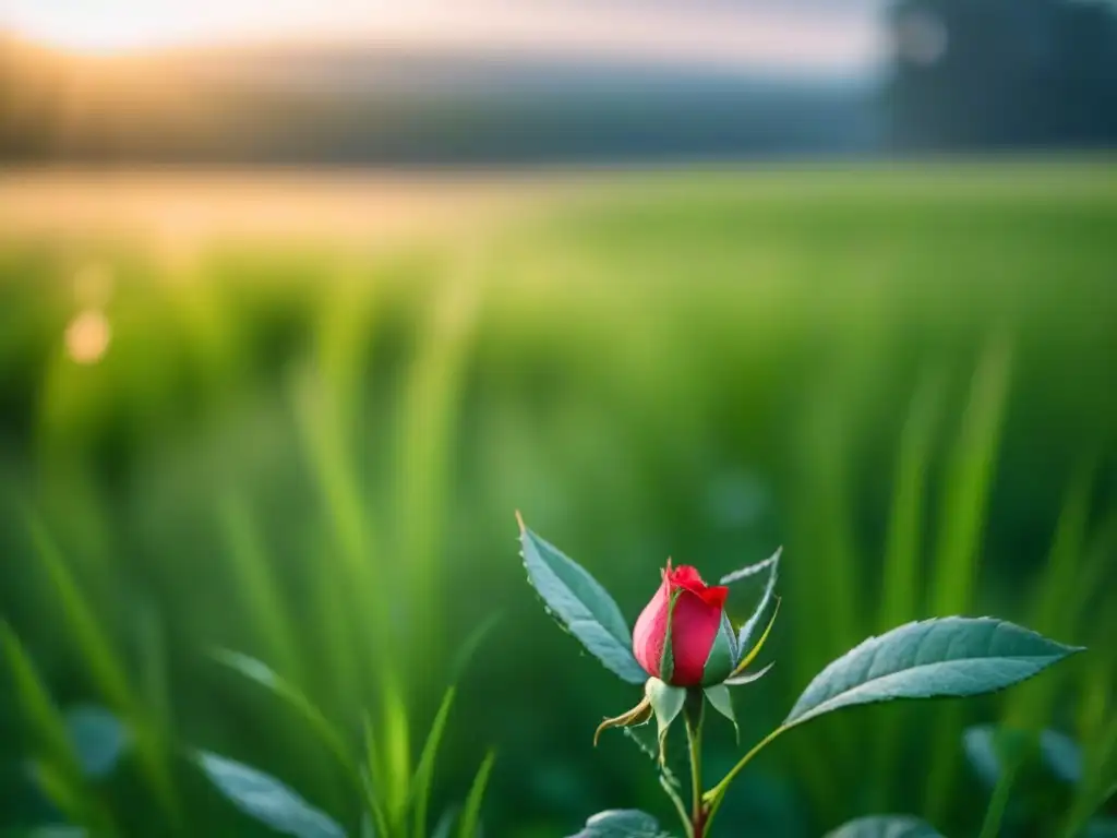 Un solitario rosal rojo florece en un prado verde, bañado por la suave luz matutina