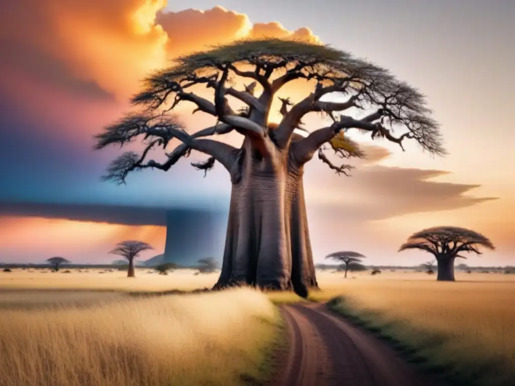 Baobab solitario: atardecer africano en 8k Un solitario baobab se alza en la sabana africana al atardecer, reflejando la tradición poética de África al mundo