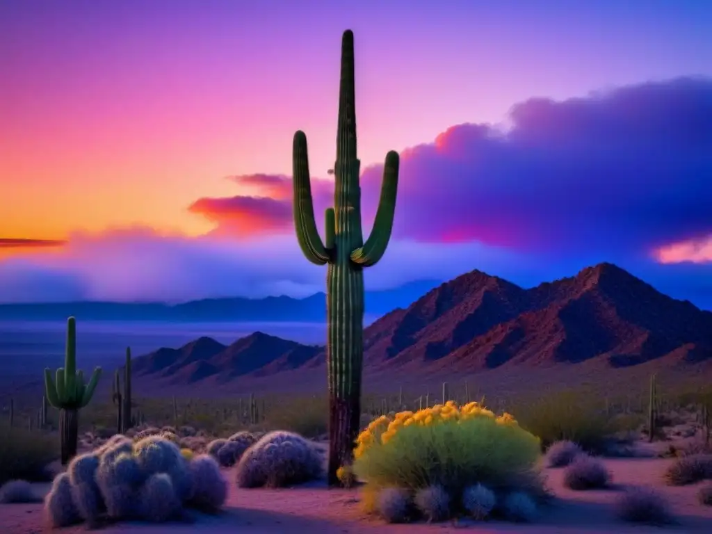 Un solitario cactus saguaro destaca contra un vibrante atardecer en el desierto, simbolizando la poesía lírica del desierto profundo